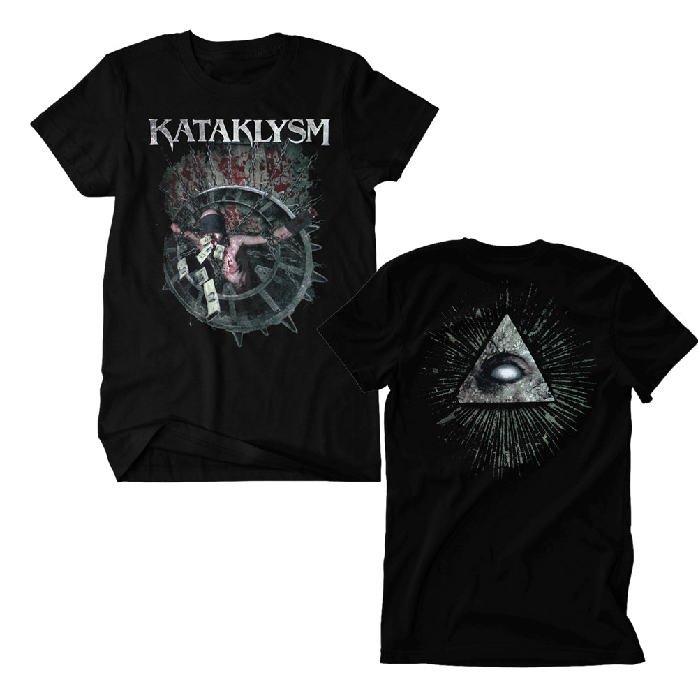 This black Kataklysm T-shirt features the bands name and a figure on a spiked wheel with blood splatters on the front; the back shows an all-seeing eye inside a triangle with radiating lines.