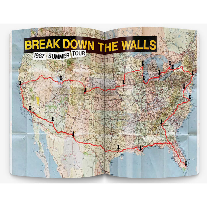 A U.S. map features a red line marking the CIV 1987 Summer Tour route, with black pins highlighting cities in northern, southern, and coastal states—tracing A Roadies Tale across the country.