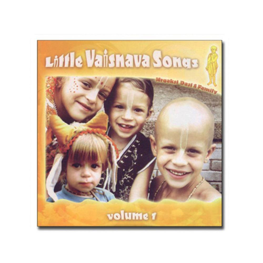 The Mantralogy CD cover Little Vaisnava Songs Volume 1 features four smiling children in traditional dress and face paint on a yellow background, with Count On Krsna, Nirosha Dasi & Family, and an illustrated figure on the right.