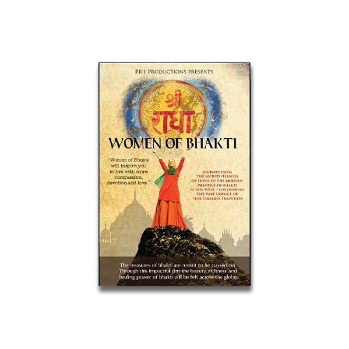 The Mantralogy Women of Bhakti movie poster shows a woman in a red dress with raised arms before a mandala and temple silhouettes, with text highlighting the films spiritual themes and journey of devotion.