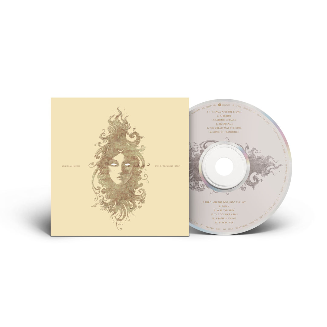 A Jonathan Hultén CD case with an intricate, swirling illustration of a womans face on beige, CD beside it showing the same design and partial tracklist, evoking folk rock pop vibes inspired by Eyes Of The Living Night.