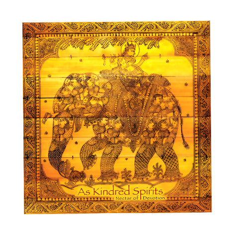 A traditional-style illustration by Mantralogy, showing a figure on a decorated elephant with intricate patterns and flowers. Ornate borders frame the image, evoking devotional rhythms. Text at the bottom: As Kindred Spirits: Nectar of Devotion.