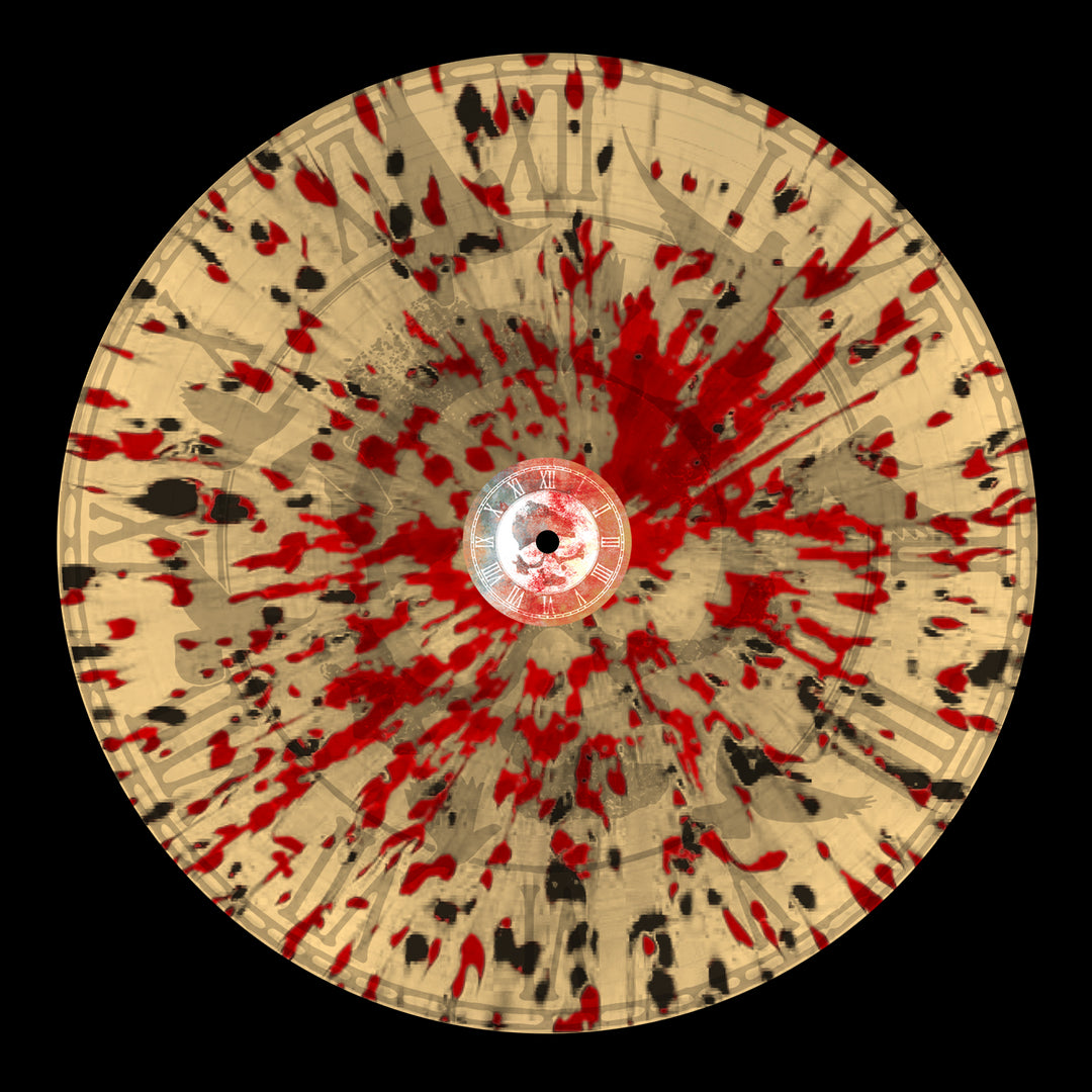 A Die Young vinyl record features a beige background with black and red splatter patterns resembling paint or ink, plus faint clock numerals visible beneath the bold colors.