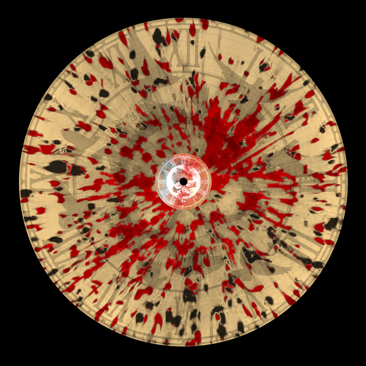 A Die Young vinyl record features a beige background with black and red splatter patterns resembling paint or ink, plus faint clock numerals visible beneath the bold colors.