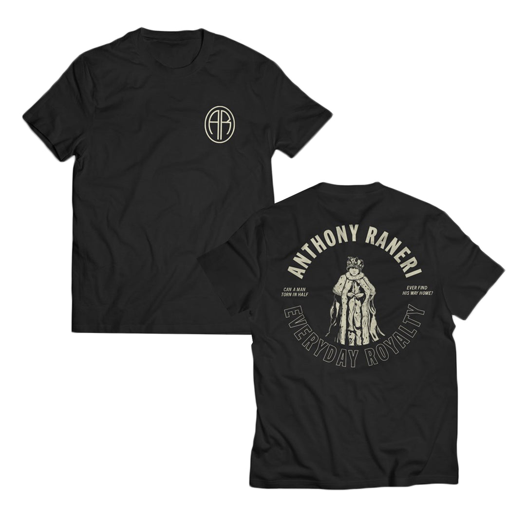 Anthony Raneri black Gildan Hammer T-Shirt in classic fit, with a small circular logo on the front left chest and a large crowned figure, Everyday Royalty text, and stars on the back.