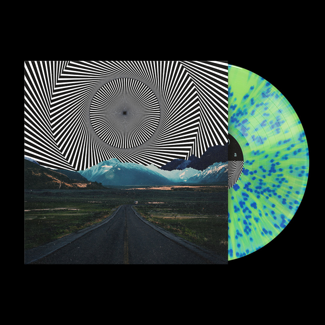 A Tilian VERTIGO vinyl with a sky blue splatter design is visible in an album cover depicting a road leading to mountains under a black and white spiral optical illusion sky.