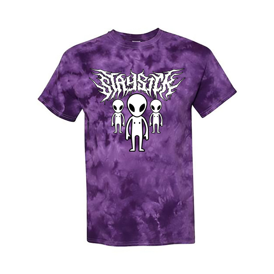 A Crystal Purple tie-dye T-shirt by Stay Sick Clothing featuring three aliens in the center with a stylized, jagged white logo above them.