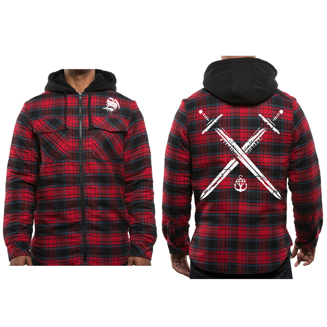 A person wears a red flannel hooded jacket from Stay Sick Clothing, featuring a small white chest logo and a large white print of two crossed swords with an anchor on the back.