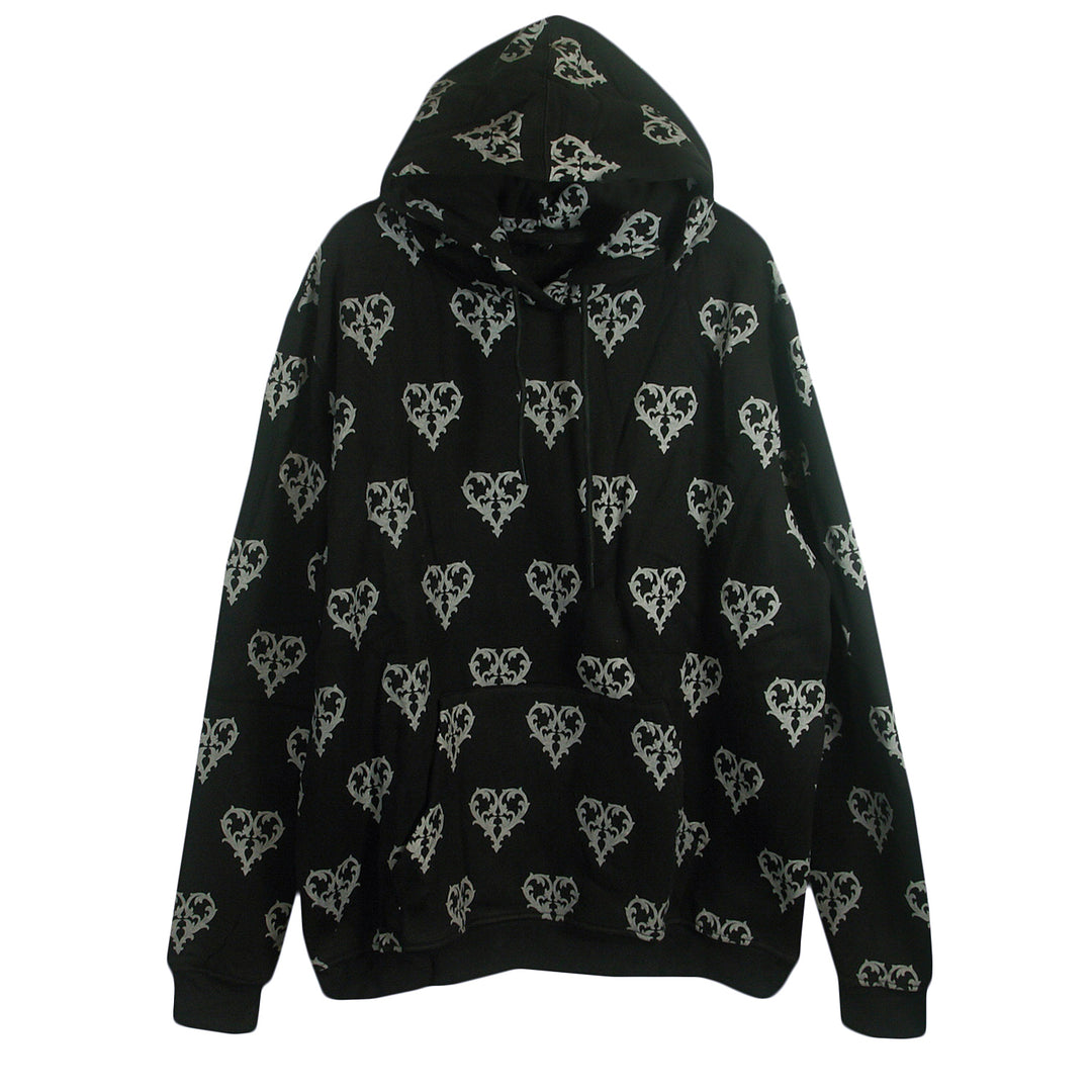 The Ricky Olson black hooded sweatshirt features a white barbed wire heart pattern all over, long sleeves, ribbed cuffs and waistband, relaxed fit, and is made from a cotton/polyester blend.