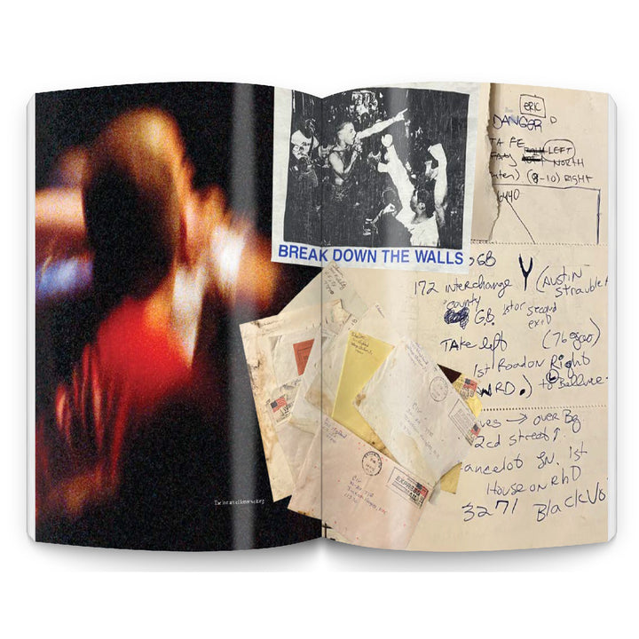 A magazine spread features a blurred photo of a person singing on the left, and on the right, vintage envelopes, handwritten notes, a black-and-white concert photo from CIVs Break Down The Walls tour, and bold blue text reading “BREAK DOWN THE WALLS.”.