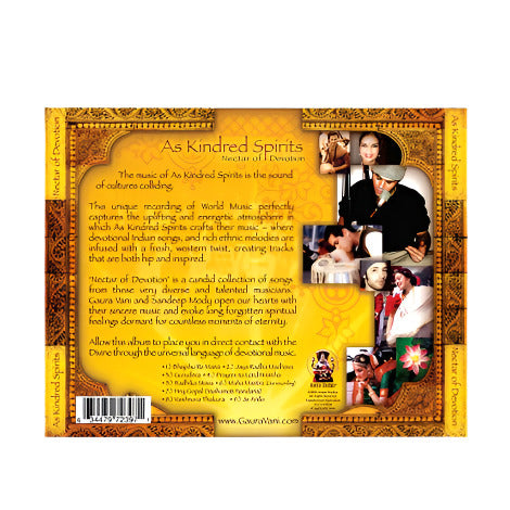 The back cover of the Mantralogy album As Kindred Spirits features an orange and yellow decorative background, World Music album description, and small photos of diverse people in colorful clothing.