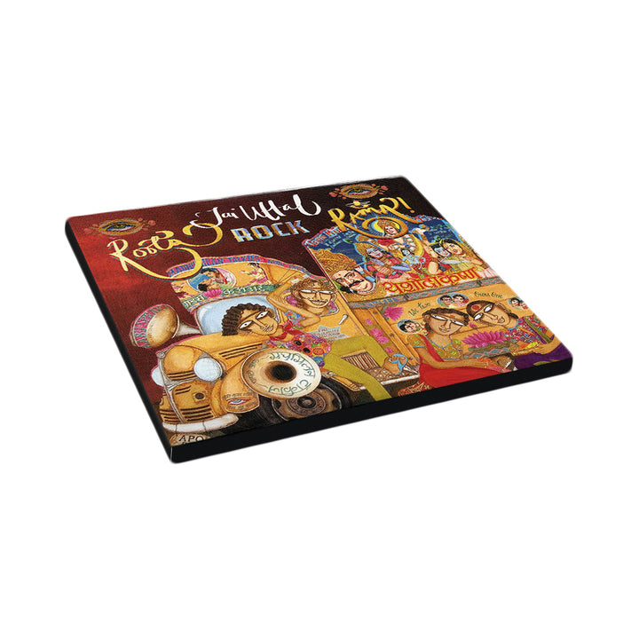 A vibrant illustration of an Indian truck and bus appears on a square canvas with people dancing and playing instruments. Road to Jhal Meli Rock with H.E.L.P. is written in a playful font at the top. Brand: Jai Uttal.