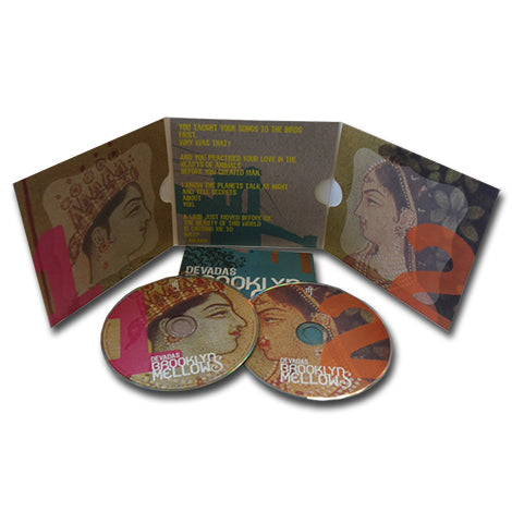 Brooklyn Mellows by Devadas is a 2-CD album set, featuring Aindra Das Variation. The open case reveals stylized face artwork and printed lyrics, including Moonlight On Greenwood, on the inside.