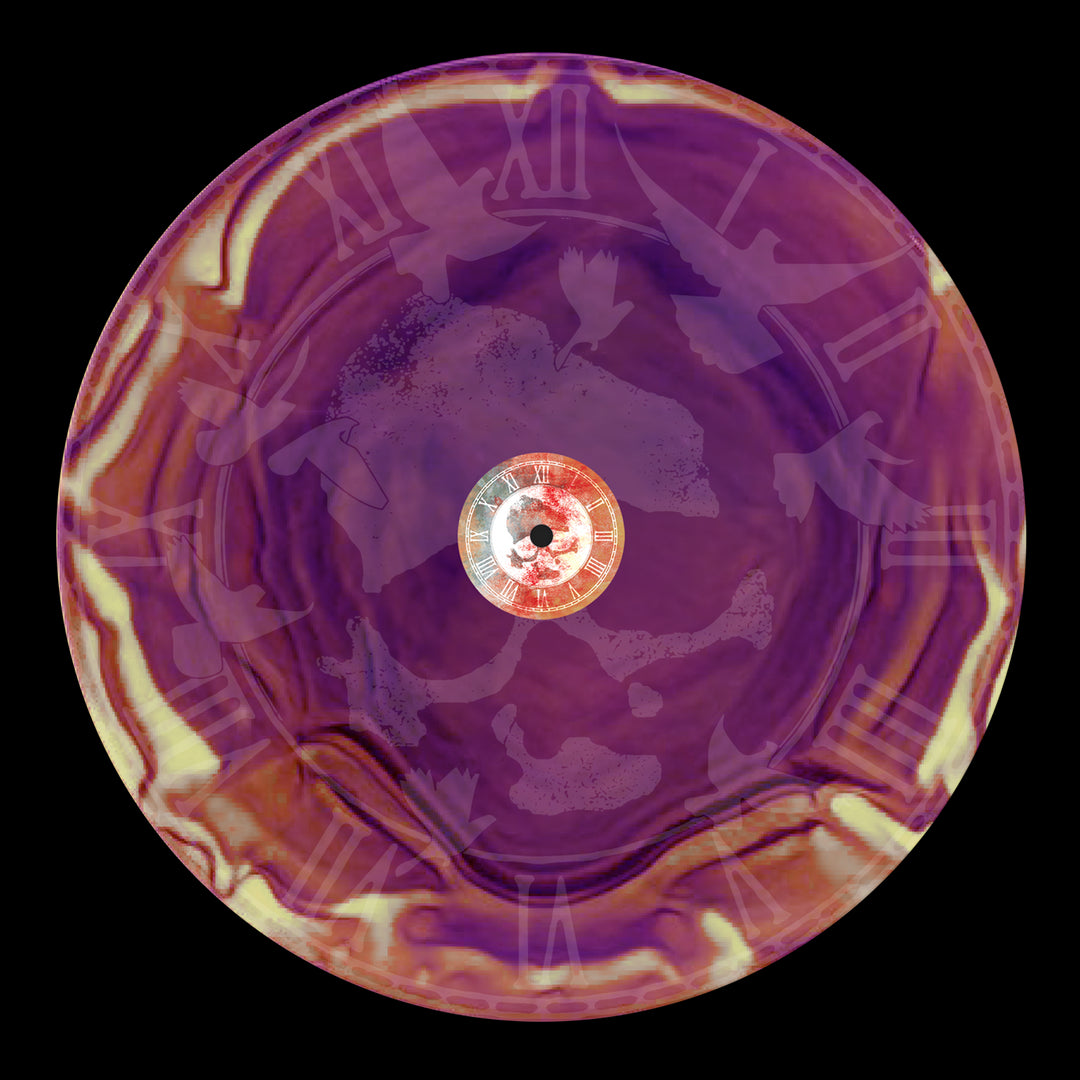A stylized, circular clock face with Roman numerals, bird silhouettes, and abstract purple and beige marbling evokes Die Young album art, with a central area reminiscent of a vinyl record.