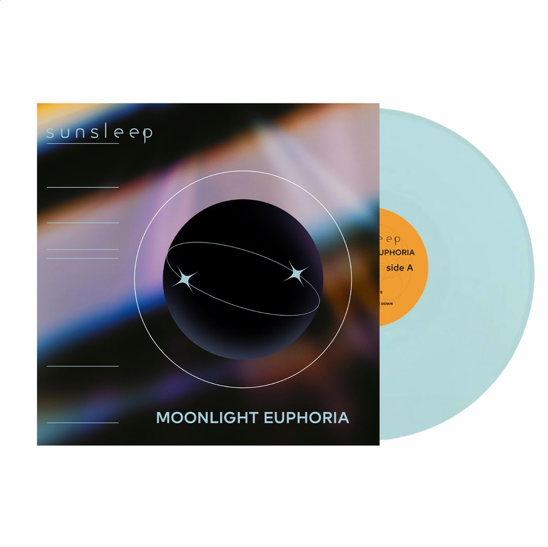 Sunsleeps Moonlight Euphoria vinyl record in light blue comes with an album cover featuring a dark circle, glowing rings, and stars on a gradient background. Released October 27, 2023.