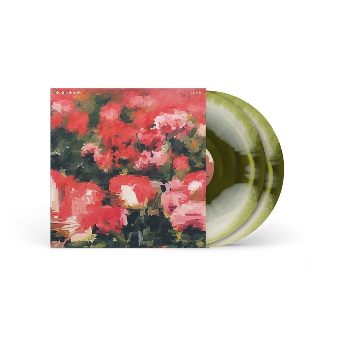 A Rival Schools vinyl record, The Ghost Is Out There, features a green and white splatter design and is shown partially pulled from a sleeve with an impressionistic painting of pink and red flowers amid green foliage.