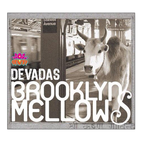 A cow stands on a subway platform next to a train at Stilwell Avenue, as Devadas Brooklyn Mellows overlays the scene. In the corner, ROAR adds color—an Aindra Das variation under moonlight on Greenwood.