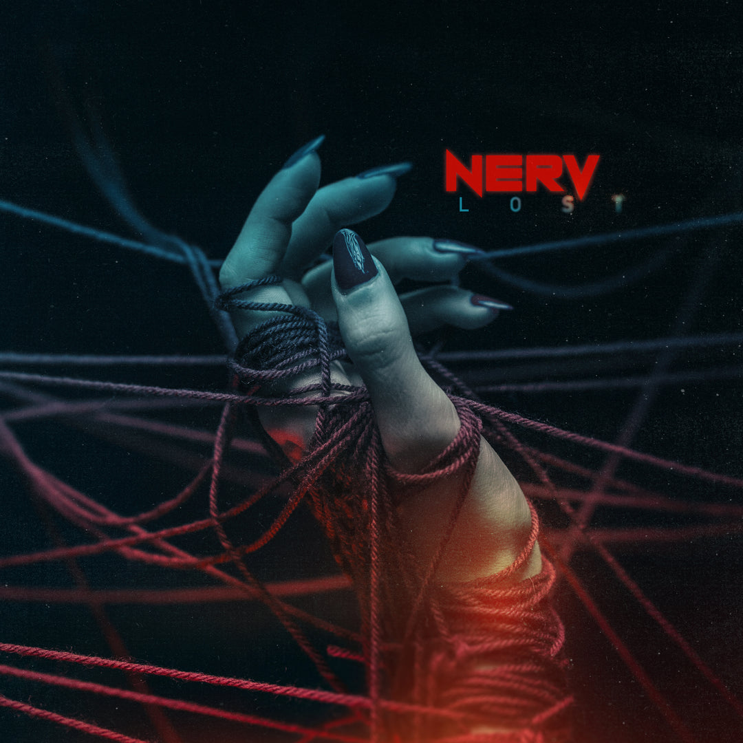A hand with long nails, wrapped in red and black strings against a dark background, features the Nerv brand name in bold red and LOST! EP in pale letters above—a preview of an upcoming digital download album release.