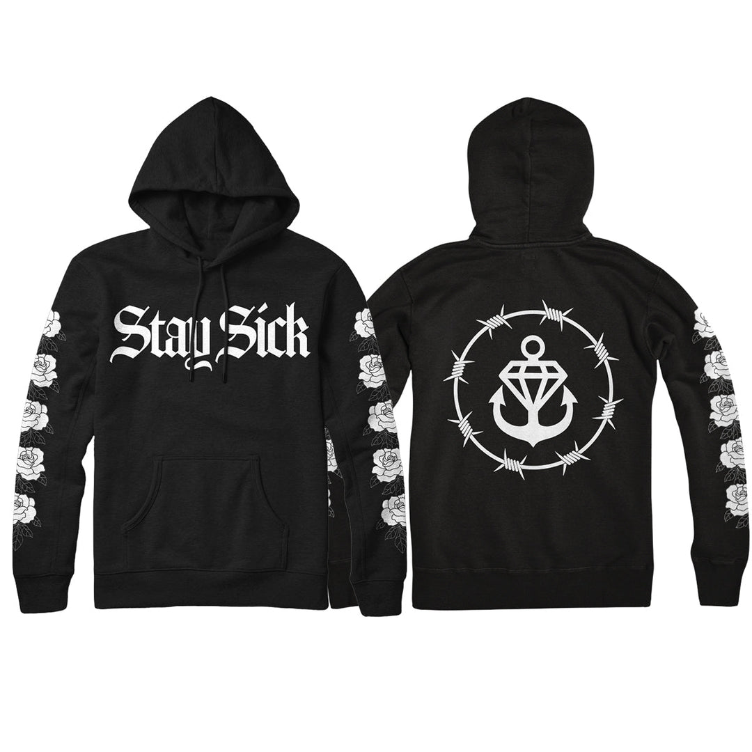 Stay Sick Clothing black hoodie featuring Stay Sick text on the front, white roses printed on both sleeves, and a large barbed anchor logo inside a barbed wire circle on the back.