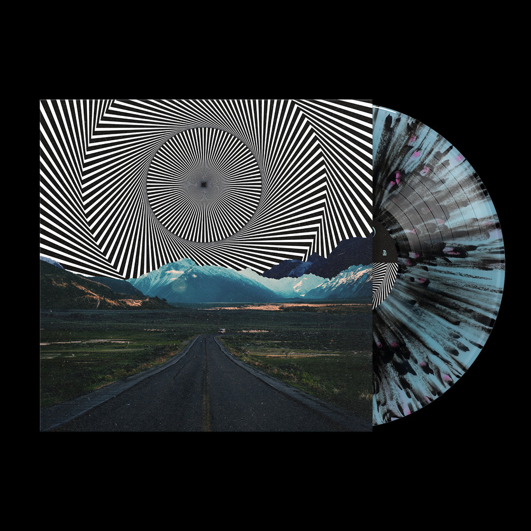 A Tilian VERTIGO splatter vinyl partially slides from its sleeve, which features a road to mountains under hypnotic black-and-white geometric swirls. Preorder now for instant grat download.