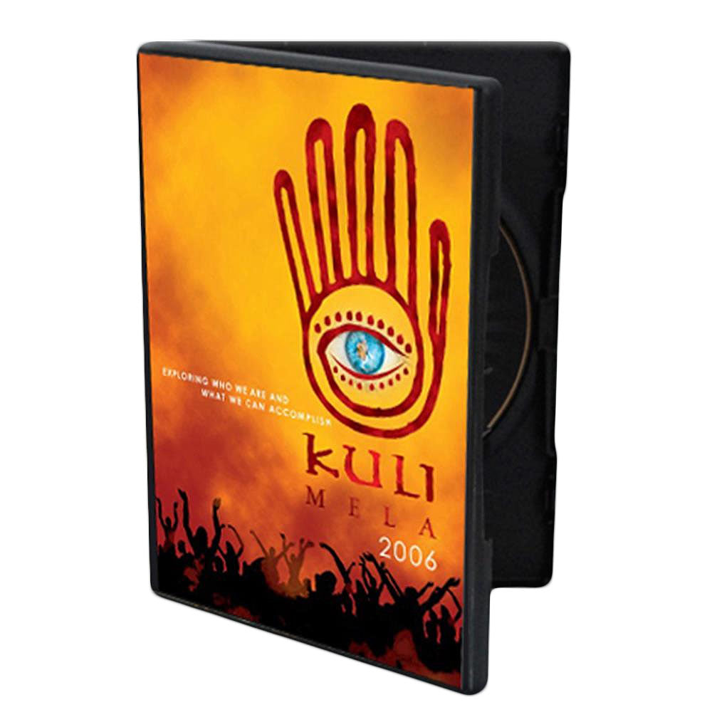 Mantralogy DVD case with an orange and yellow cover featuring a stylized hand with an eye, the text Kuli Mela 2006, and silhouettes of cheering Gurukulis and Hare Krishnas at the bottom.