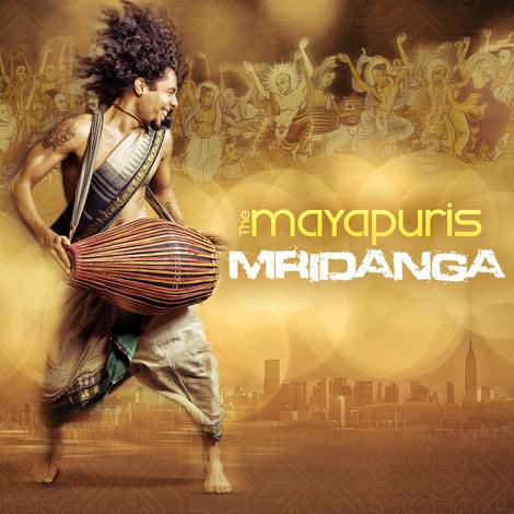A person playing a traditional mridanga drum dances before a golden artistic backdrop with silhouettes. Text reads: Mayapuris MRIDANGA, celebrating the vibrant spirit of kirtan music.