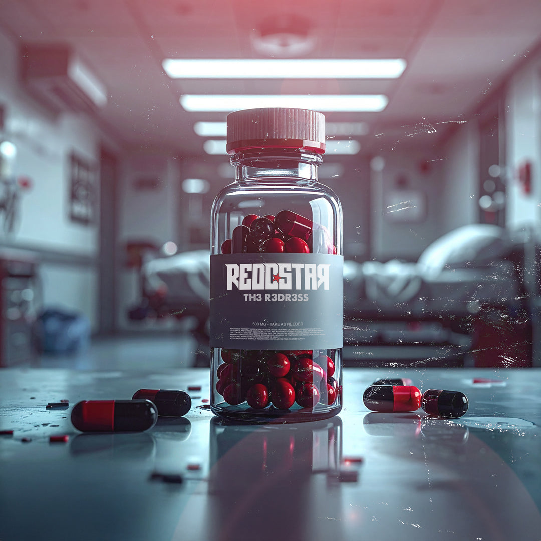 A glass bottle labeled REDDSTAR, filled with red and black capsules, sits on a reflective table in a modern medical room. Scattered capsules hint at the mysterious TH3 R3DR3SS album—available soon for digital download and presale.