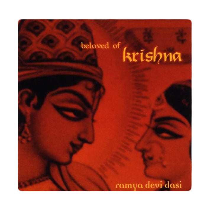 Two stylized faces in traditional Indian art on a warm red-orange background, with beloved of Krishna and Ramya devi dasi text. Evokes the timeless spirit of Vaishnava Acharyas bhajans. Brand: Mantralogy.
