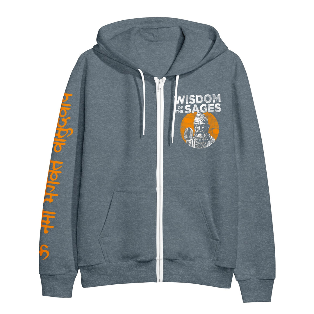 The Wisdom of the Sages blue unisex zip-up hoodie features a sage graphic and text on the front, orange Sanskrit-style script on the right sleeve, white drawstrings, and is made from pre-shrunk fabric for comfort.
