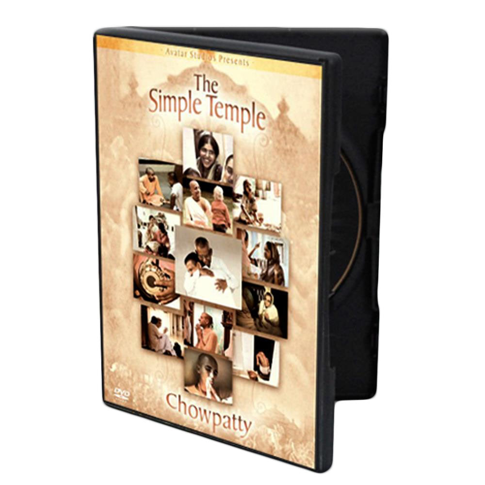 Mantralogy DVD case for The Simple Temple: Chowpatty, with a beige cover featuring images of people in various activities, highlighting Mumbai’s spiritual culture and vibrant Radha Gopinatha temple life. Text is at the top and bottom.