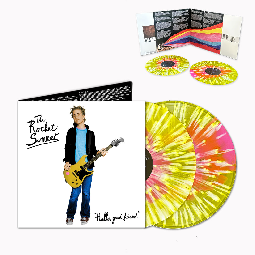 A limited edition vinyl of The Rocket Summer’s Hello, Good Friend, with a young man and guitar on the cover, splatter-patterned yellow/pink records, and an open gatefold featuring artwork and text.