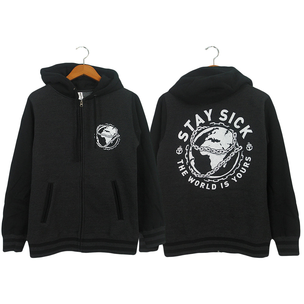 Stay Sick Clothing black varsity zip-up hoodie features a white globe graphic on the front left chest and a larger version on the back with “STAY SICK” and “THE WORLD IS YOURS.” Displayed on wooden hangers.