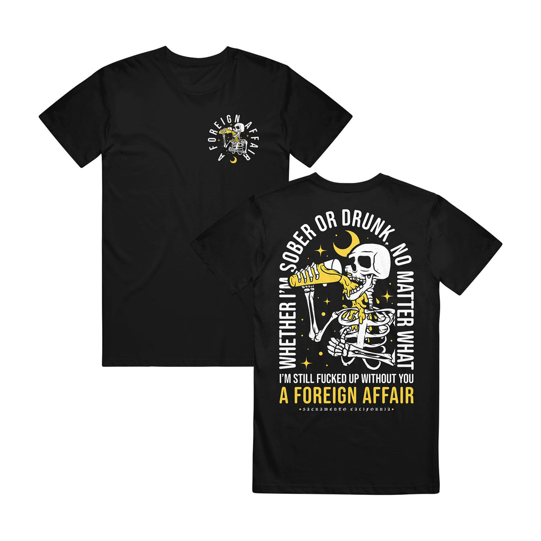 A Foreign Affair Rearview Black T-Shirt. front of shirt has a skeleton drinking a beer with the text a foreign affair in a circle around the skeleton on the left chest. the back of the shirt has the same image covering the entire back. 