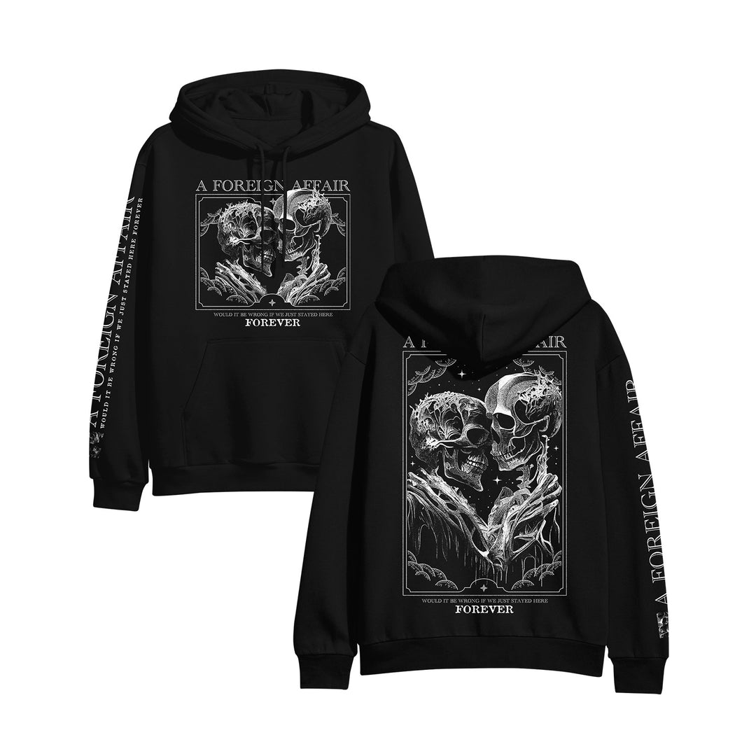 A Foreign Affair Skeleton black pullover hoodie. two Skeletons hugging are printed on the back and the front of the hoodie in different perspectives. A Foreign affair is printed down the right sleeve. everything is in white ink. 