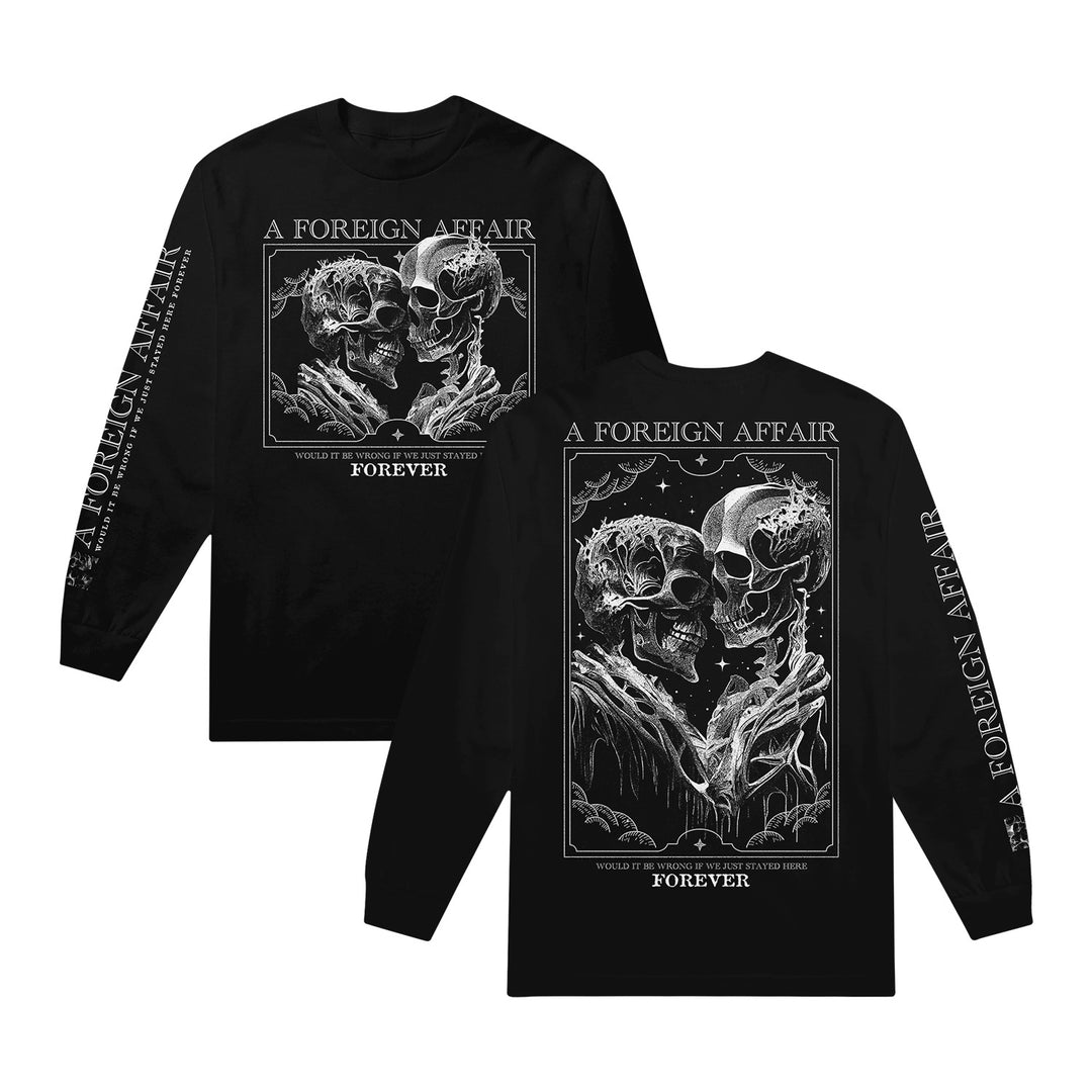 A Foreign Affair Skeleton Black Long Sleeve. the front and back of the long sleeve have two skeletons hugging in different perspectives. A foreign affair is printed down the right sleeve all in white ink.