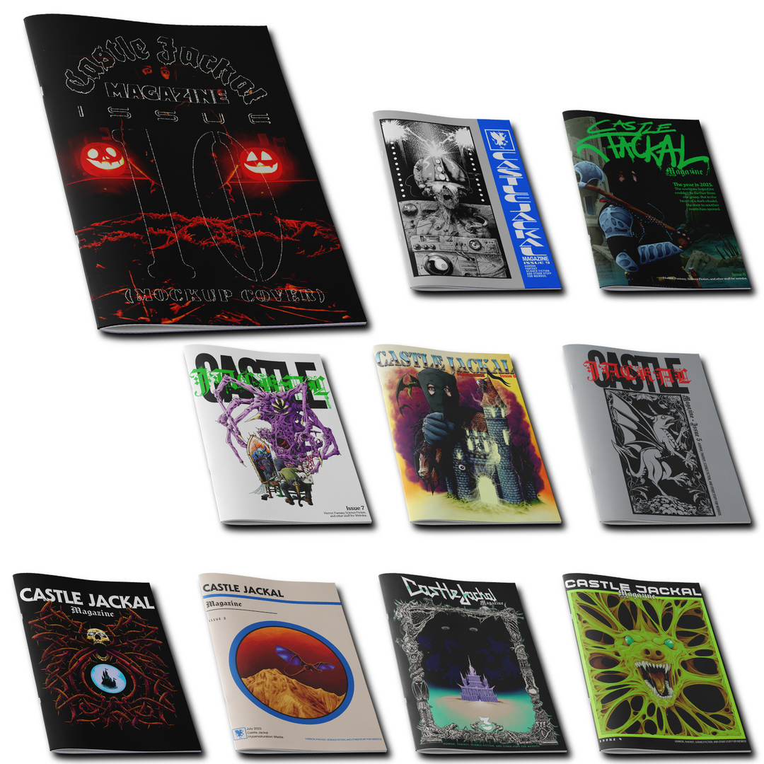 Ten vibrant Castle Jackal magazine covers are displayed in two rows, featuring bold graphics and surreal, fantasy themes. The set includes Issues #7-9 and Castle Journal Magazine, resembling a comic book bundle.