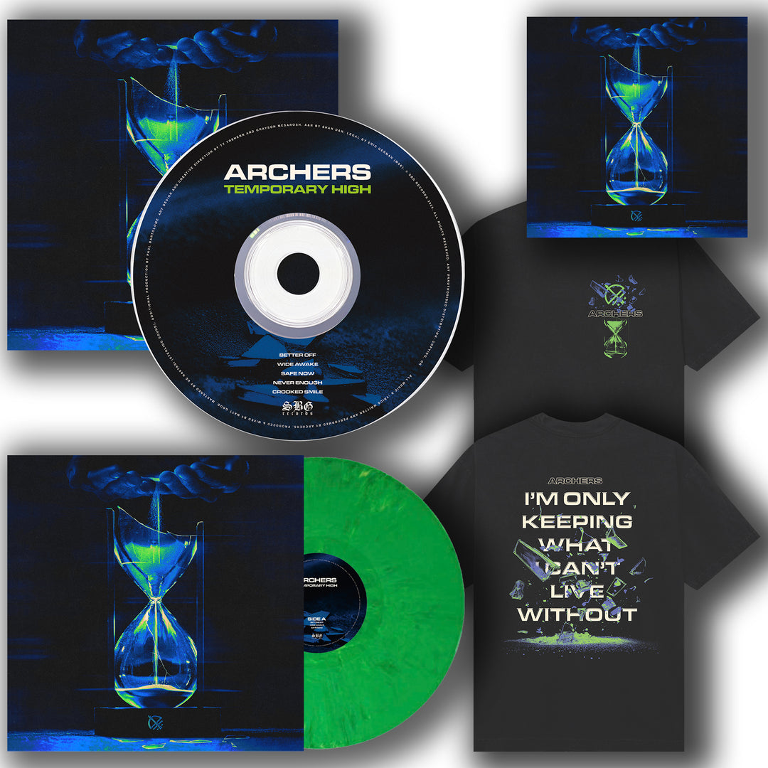 Archers Temporary High bundle includes a CD, vinyl with hourglass cover art, digital album download, and a black T-shirt featuring white I’m only keeping what I can’t live without text.