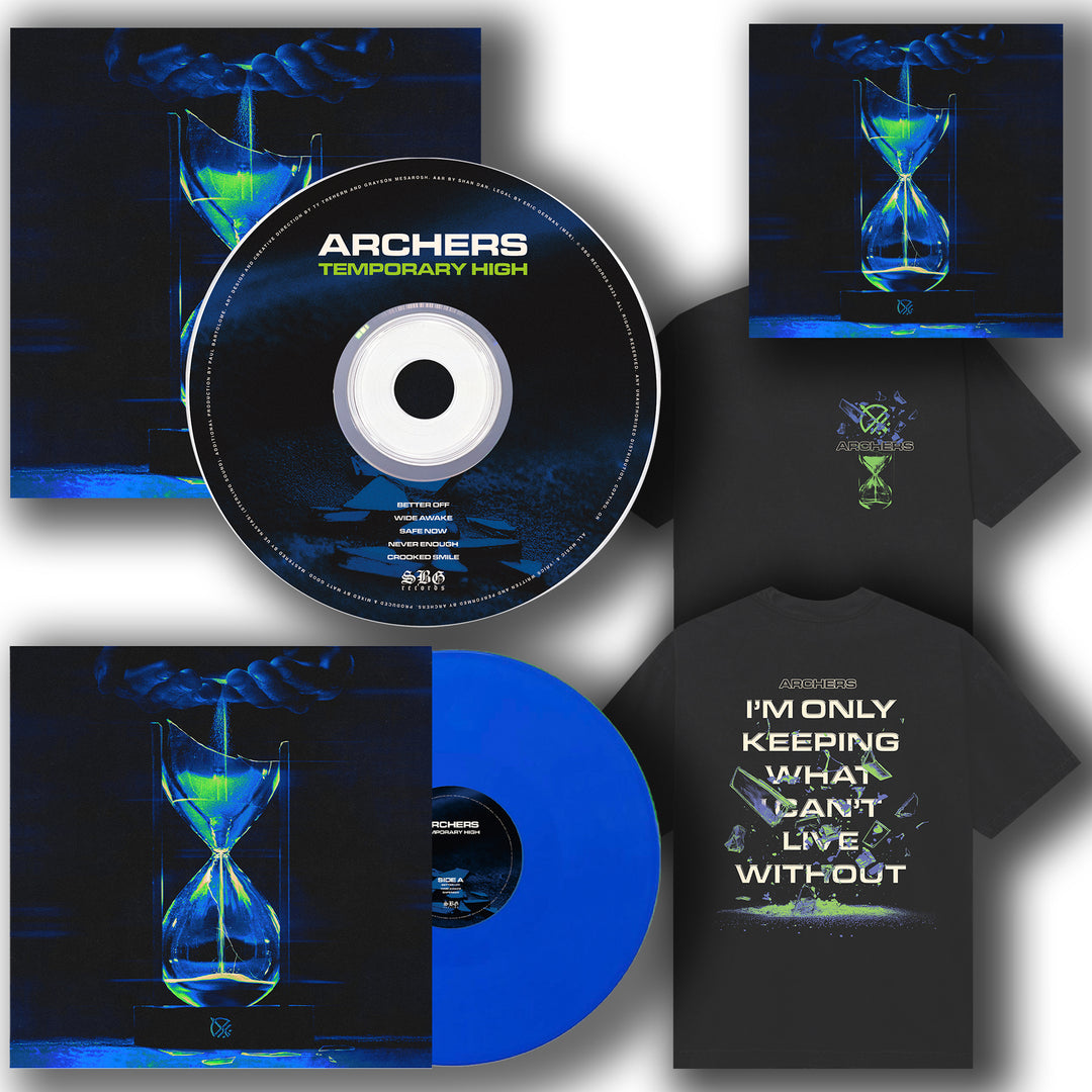Archers bundle includes the Temporary High CD, blue Vinyl LP, full album digital download, cover art with a glowing hourglass, and a black T-shirt featuring the album title and IM ONLY KEEPING WHAT I CANT LIVE WITHOUT.