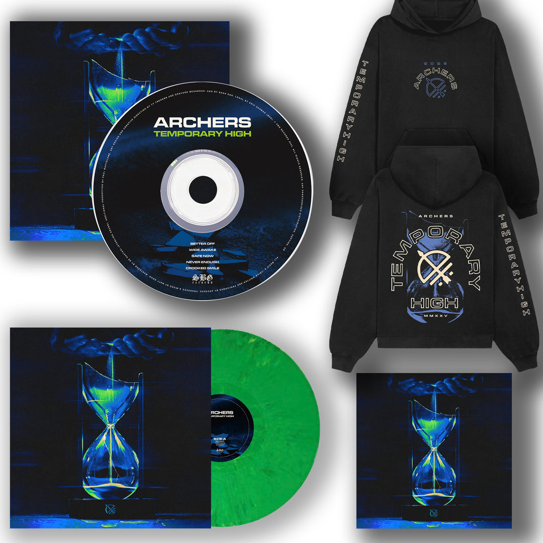 The Archers Temporary High merch bundle features a digital album download, green vinyl LP, CD, black hoodie with album art and text, plus cover art with a glowing blue hourglass on a dark background.