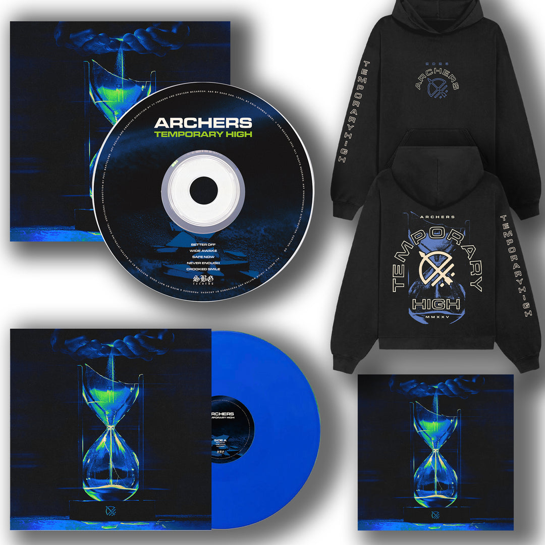 Celebrate the release of Archers Temporary High with a merch bundle featuring a blue Vinyl LP, CD, black hoodie with album art and text, plus an album cover showing a glowing blue hourglass.