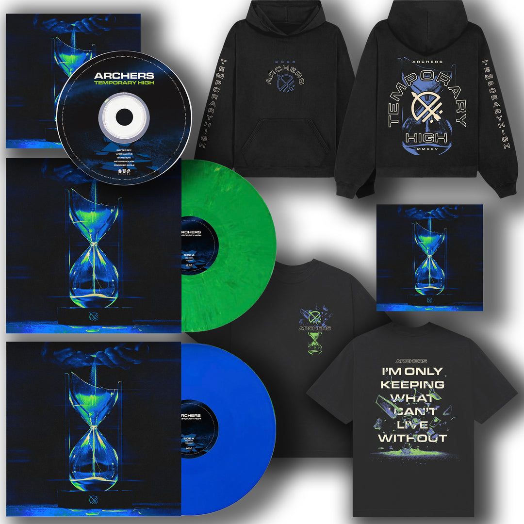 Celebrate the release of Archers Temporary High with a merch bundle: includes a CD, blue and green Vinyl LPs, a black hoodie, and two black T-shirts decorated with album artwork, hourglasses, and Archers’ band logos.