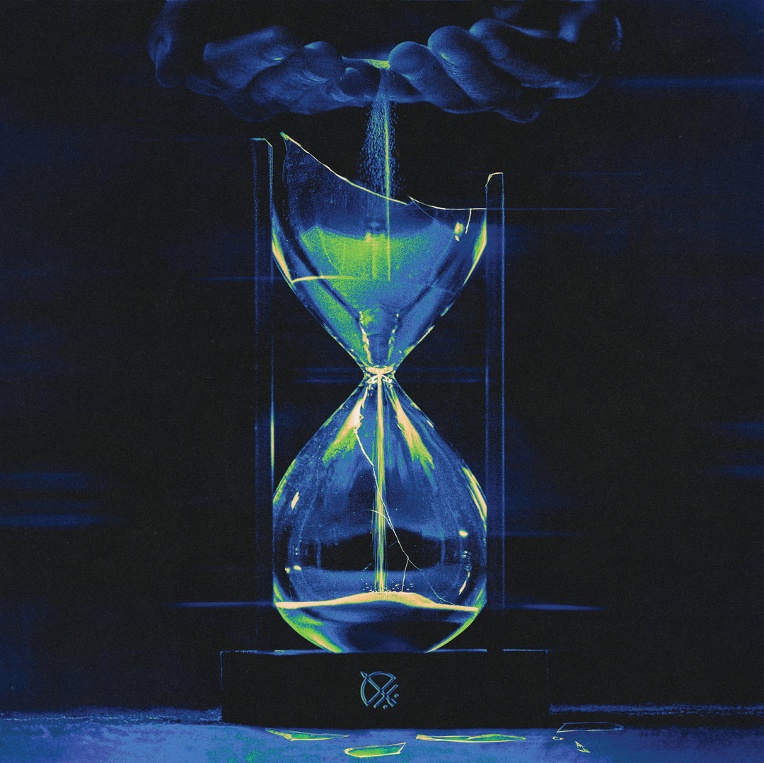 A pair of hands pours glowing green sand into a cracked hourglass against a dark blue backdrop, with spilled grains symbolizing the fleeting nature of Archers Temporary High EP Album Digital Download.