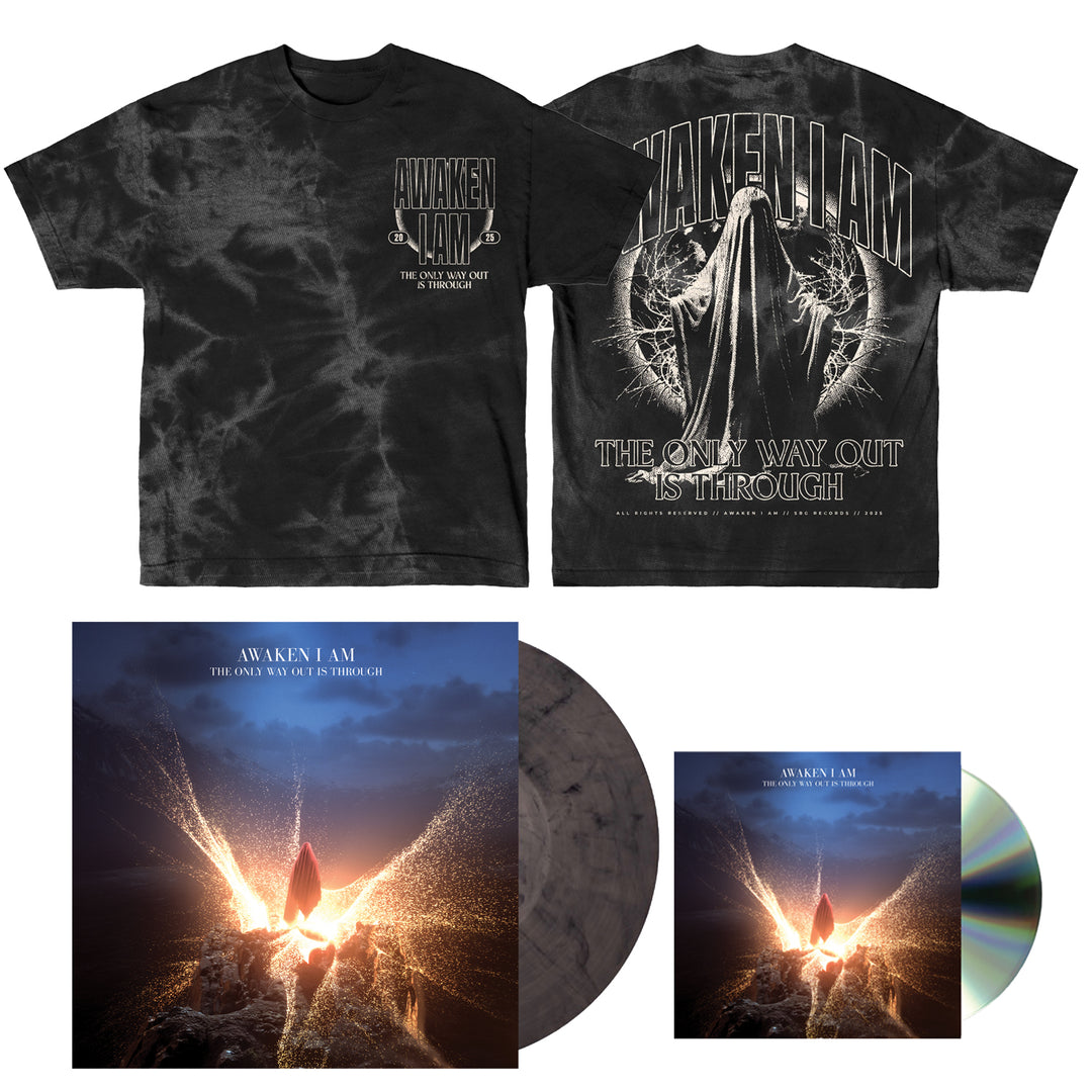 An Awaken I Am Ghost Black Tie Dye T-Shirt with angel graphic and The Only Way Out Is Through text, shown front and back, plus matching album art, Grey Vinyl LP, and CD.