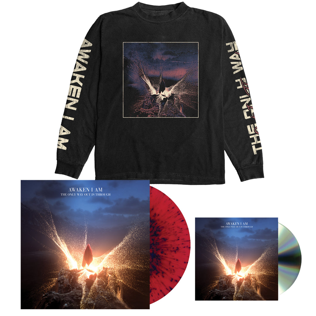 Awaken I Am merch includes a black long-sleeve shirt with sleeve text, album cover art, red vinyl LP, CD, and full digital album download—all with sunrise artwork and titled The Only Way Out Is Through.