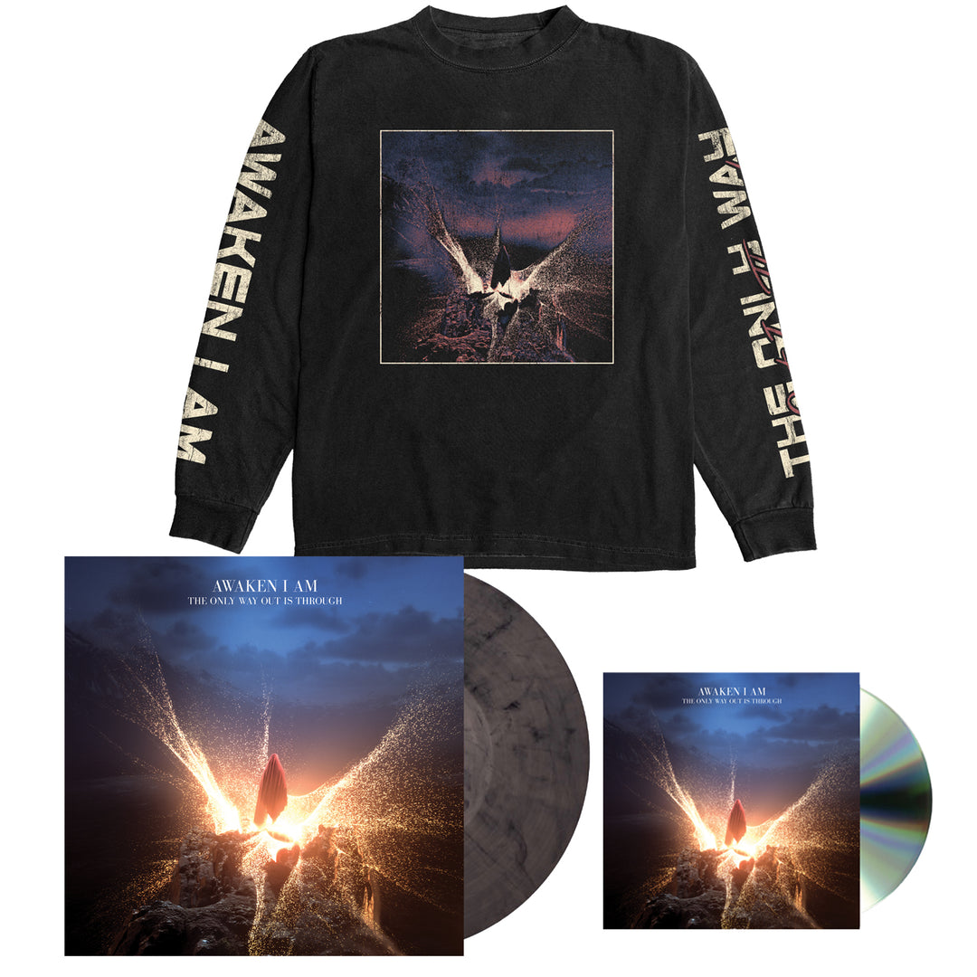 A black Awaken I Am long-sleeve with sleeve text and fiery front art, paired with The Only Way Out Is Through Vinyl LP, CD, and album cover—all featuring matching artwork.