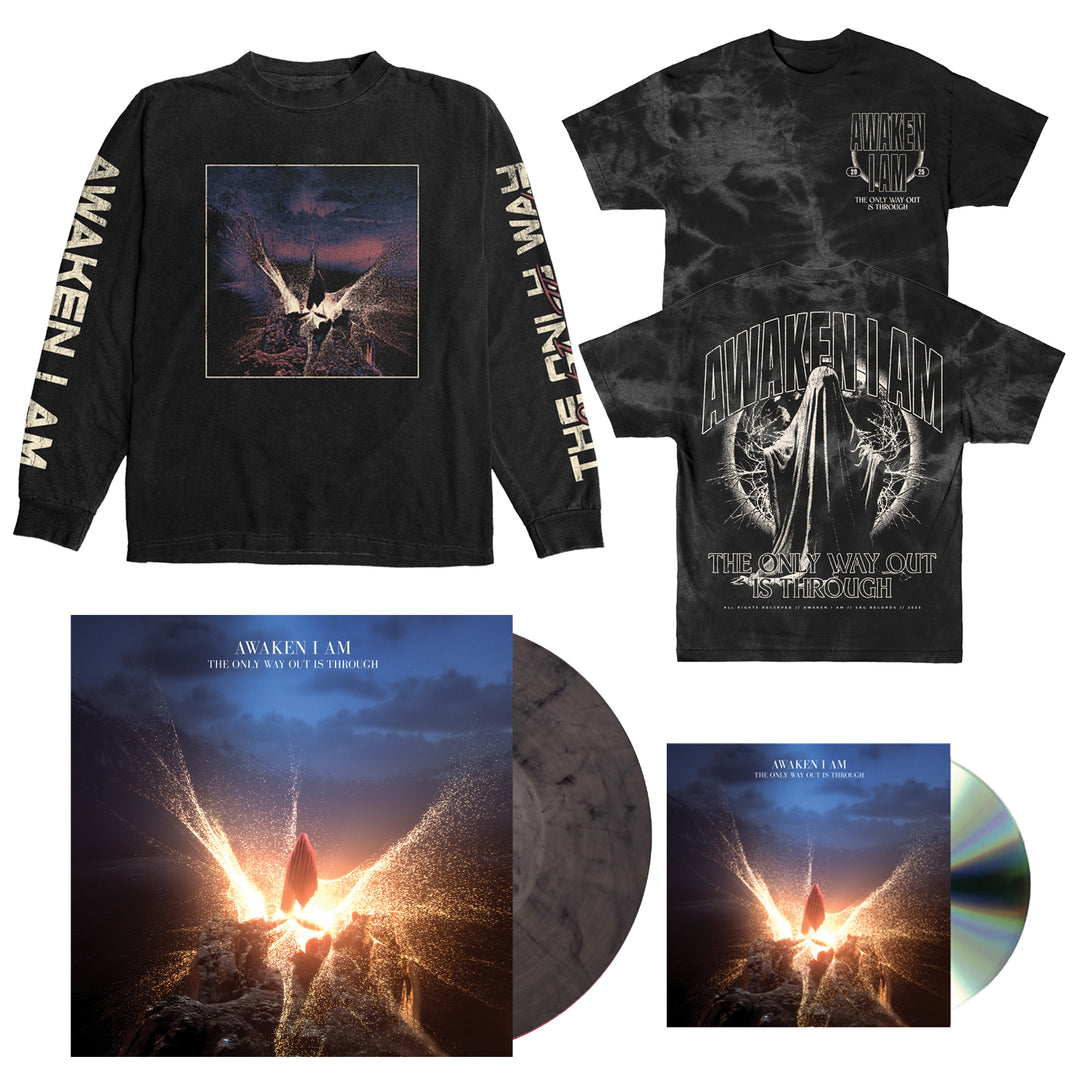 The Awaken I Am presale merch bundle features a black long-sleeve and T-shirt with AWAKEN I AM graphics, plus The Only Way Out Is Through album on vinyl and CD with dramatic cover art. Secure yours before the release!.