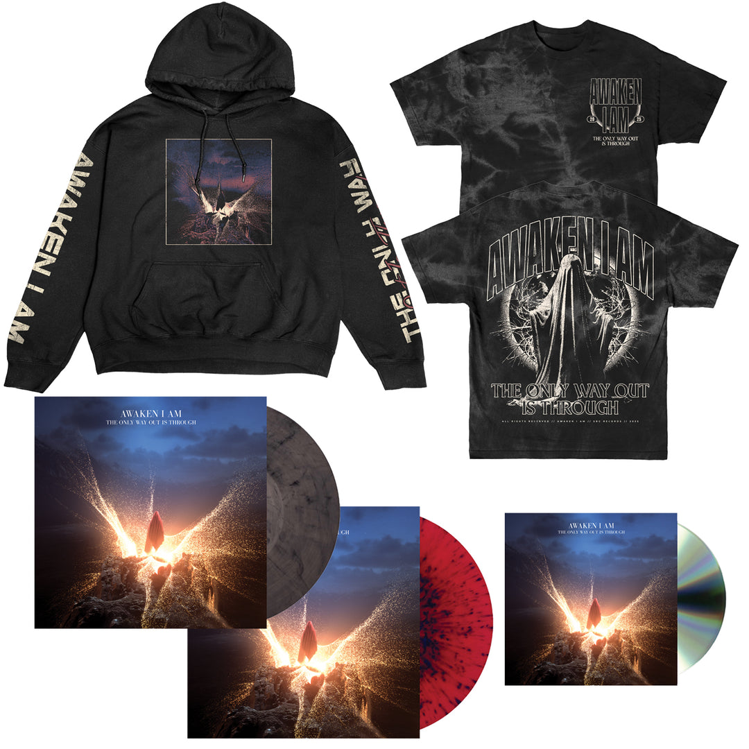 Awaken I Am merch featuring The Only Way Out Is Through cover art: black hoodie, tie-dye T-shirt, two colored Vinyl LPs, CD, and digital download—all showing a person under a burst of light.