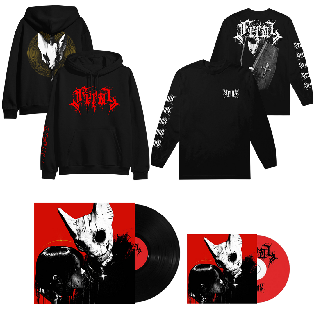A black SFINX hoodie and long-sleeve shirt with gothic denial text and a sinister animal mask design, displayed beside black and red vinyl records and CDs featuring matching dark artwork.