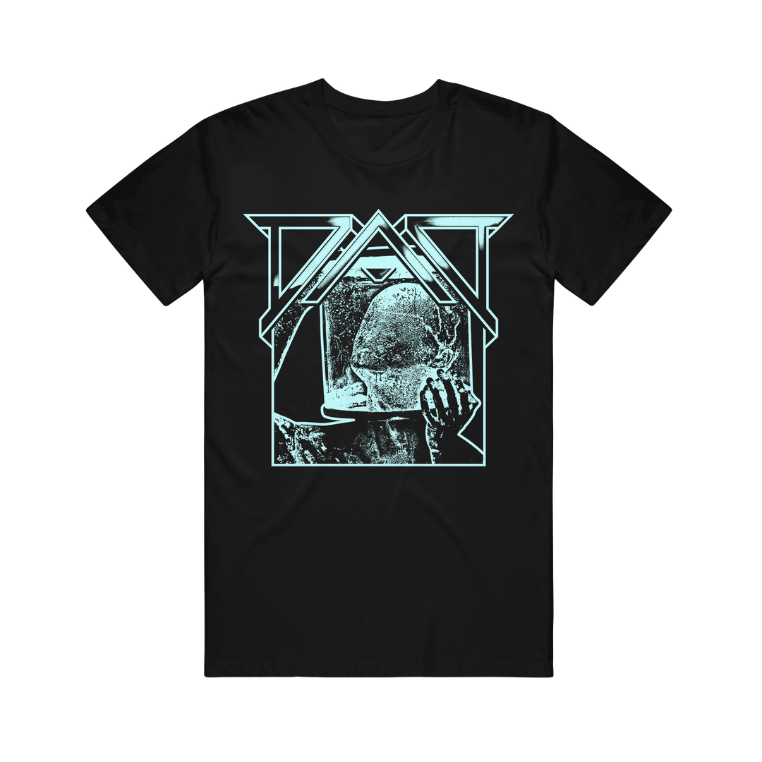 Black T-shirt by Dead Air Divine in a modern classic fit, made from soft ring-spun cotton. Features a blue futuristic helmet graphic with bold lines. Part of the premium Gildan Hammer T-Shirts collection.