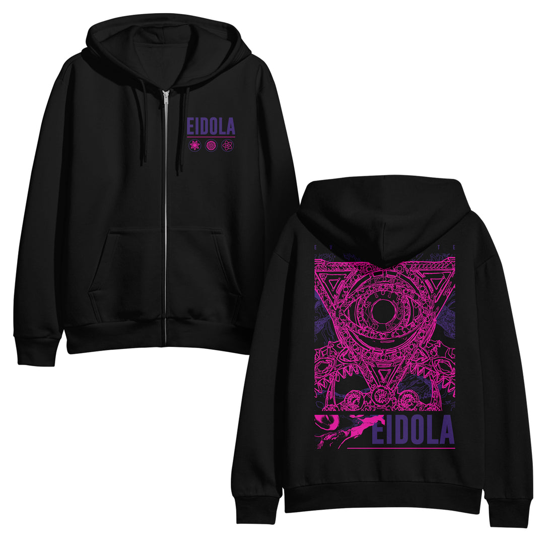 Black hoodie with 'EIDOLA' branding on front and back design